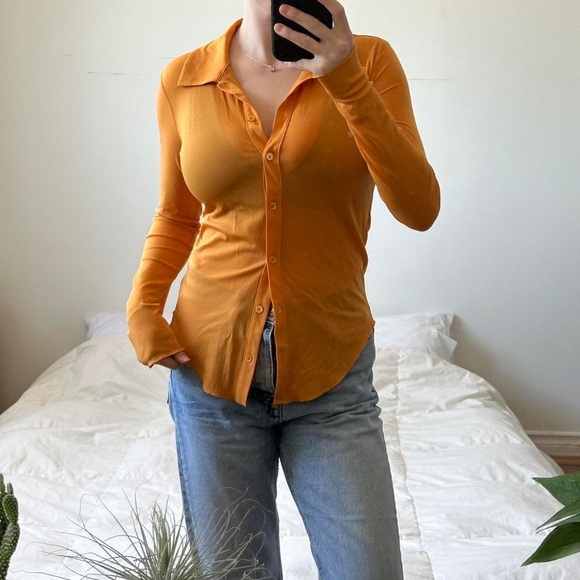 Aritzia orange long sleeve sheer button up shirt - Picture 1 of 7